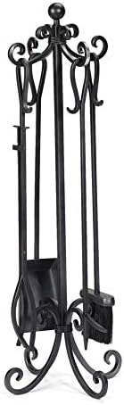 Plow & Hearth Crest Fireplace Screen, Solid Wrought Iron Frame with Metal Mesh, Decorative Scroll Design, Free Standing Spark Guard Tool Set Black 13920BK