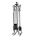 Crest Scroll Design Solid Steel Fireplace Tool Set with Tongs, Shovel, Broom, Poker and Stand 12 dia. x 34.75 H Black Finish