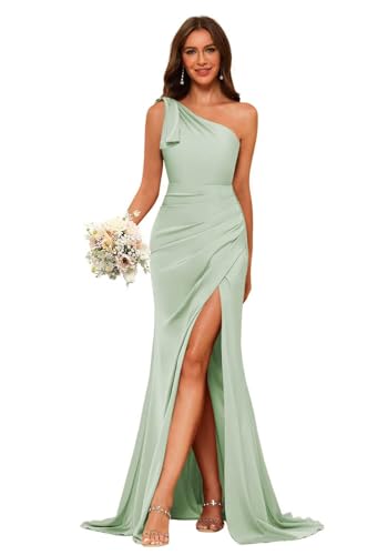 Miao Duo Women's One Shoulder Mermaid Bridesmaid Dresses with Bow Long Satin Pleated Sage Green Formal Dresses with Slit for Wedding 4