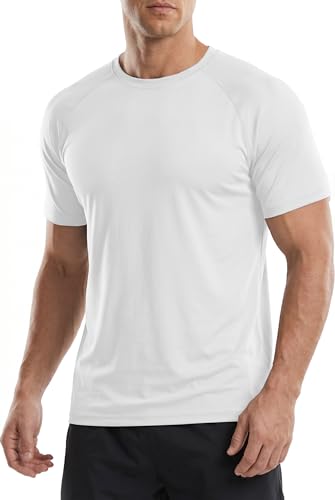 PINSPARK Mens White Tee Shirts UPF 50+ Moisture Wicking Gym T-Shirt Lightweight Stretch Crew Neck Soft Workout Shirts for Men S
