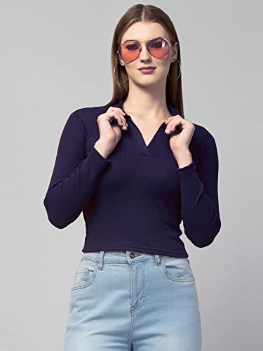Image of Ribbed Polo Collar Full Sleeves Tops for Women
