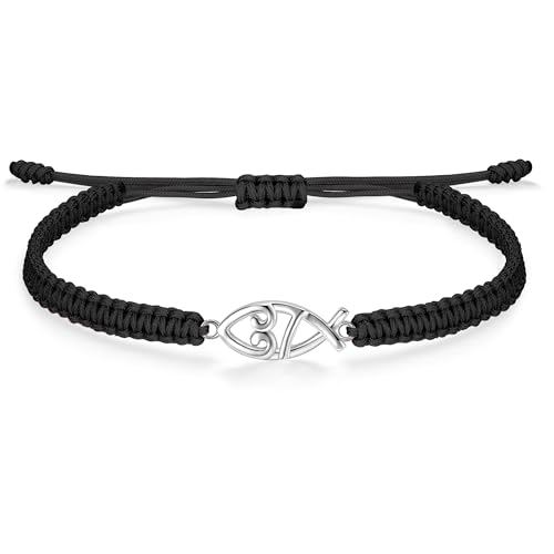 J.Endéar Cross Jesus Fish Bracelet for Women, 925 Sterling Silver Handmade String Rope Braided Jewelry Adjustable, Faith Christian Religious Confirmation Baptism Gifts