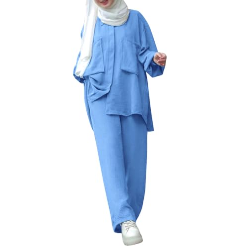 Image of ODIZLI Muslim Long Sleeve Blouse Wide Leg Pants Suits Autumn Solid Abaya Women Matching Sets 2PCS Tracksuits Turkey Kaftan
