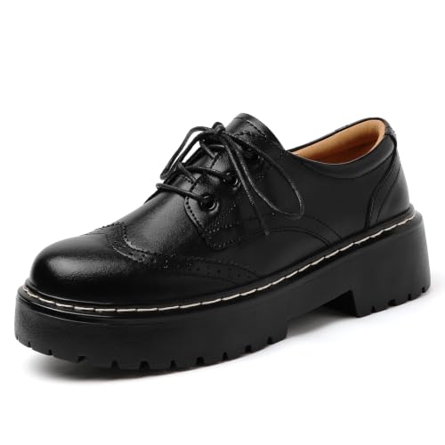 Image of Womens Oxford Shoes Black Leather Platform Oxford Shoes for Women Brogue