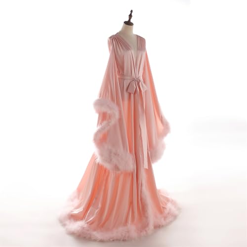 Women's Feather Bridal Robes Old Hollywood Maternity Photoshoot Nightgown Silk Bathrobe Long Lingerie2