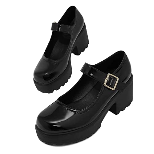 FYS Women Thick Platform Round Toe Mary Janes Block Chunky Mid Heel Pumps Cute Girls Outfit Daily Dress Shoes Size 4-15 US2