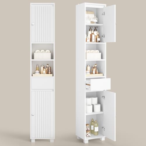 FORABAMB Armoire de Salle de Bain, Meuble de Rangement avec Tiroir, Étagères Réglables, 2 Étagères Ouvertes, Meuble Colonne Salle de Bain pour Salle de...