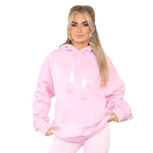 Image of Hamishkane® Womens Ribbon Hoodie, Plain Pullover Ruched Sleeve Hoodie, Soft Fleece Oversized Sweatshirt Women, Warm Winter Hoodie for Women UK, Lady Casual Jumper Baby Pink