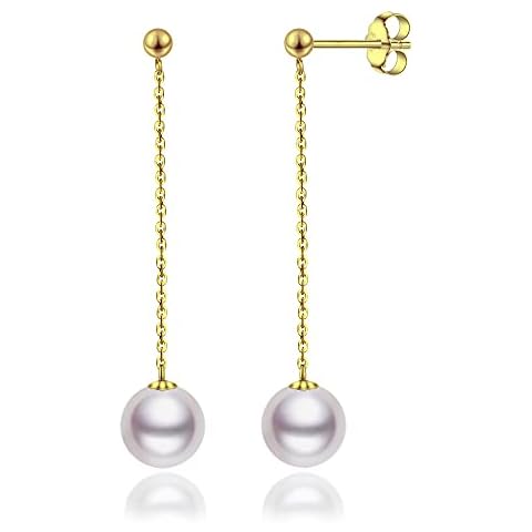 LUCKMORA Pearl Drop Earrings for Women 925 Sterling Silver Gold Plated Dangle Chain Long Pearls Earring White Real Round Genuine Freshwater Cultured Cover
