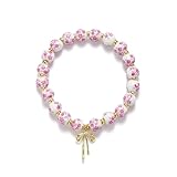 FRFSORO Fashion Blue and White Porcelain Handmade Weave Beads Bracelets Elastic Cord Adjustable Cute Girls Bowknot Pendant Hand Bangle(Pink)