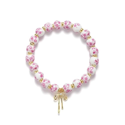 FRFSORO Fashion Blue and White Porcelain Handmade Weave Beads Bracelets Elastic Cord Adjustable Cute Girls Bowknot Pendant Hand Bangle(Pink)