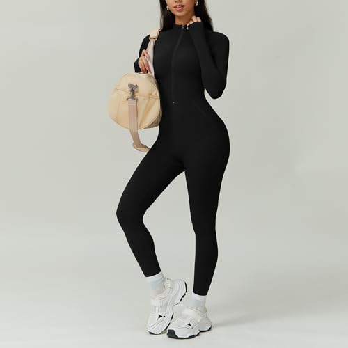 Vertvie Thermo Jumpsuit Damen Winter Langarm Eng Reißverschluss Sport Einteiler Warm Gefütterte Ganzkörperanzug Stretch Yoga Overall Slim Fit Bodysuit(Schwarz,M)