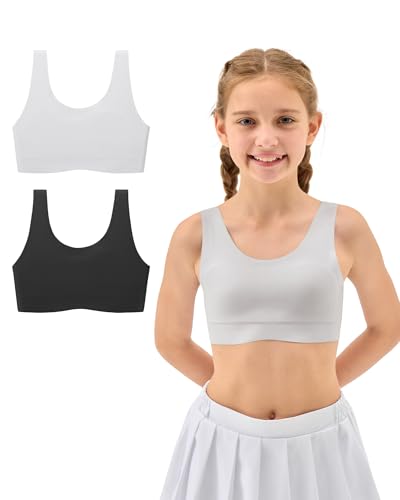 Opiniones de Sujetadores deportivos para Niña más recomendados. 48 Sascina Sujetador deportivo sin costuras para niñas de 8 a 10 años. Elástico, cómodo, sin relleno, con doble forro en el pecho, negro/gris.