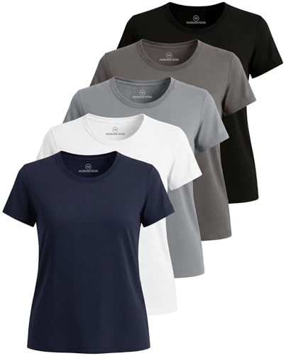 Image of Real Essentials 5 Pack: Women's Short Sleeve T-Shirts Workout Tops Fitness Pilates Gym Activewear Athletic (Plus Available)