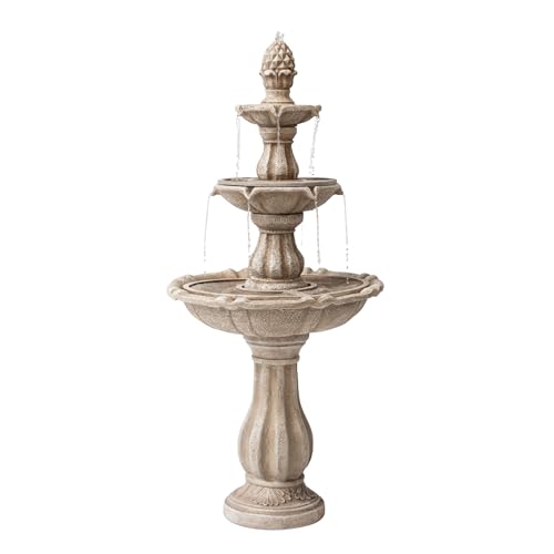XBrand 51" 3-Tier Outdoor Waterfall Fountain, Weather-Resistant Resin Freestanding Water Feature with Pump, Beige