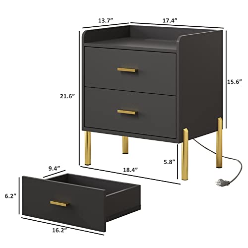 2 Drawer Black Nightstand For Bedroom, Mid Century Modern End Table With Charging Station Farmhouse Storage Night Stand Bedside Table With Usb Ports And Outlets For Bedroom Living Room #TOP1