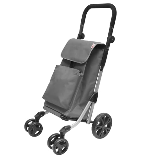 Carro De La Compra Con 4 Ruedas Giratorias, Bolsas Fabricadas En Textil Junto Con Recubrimiento Isotermico Interior Para Proteger Los Productos Frescos. Asa Ajustable Y Bolsillo Con Cremallera Gris