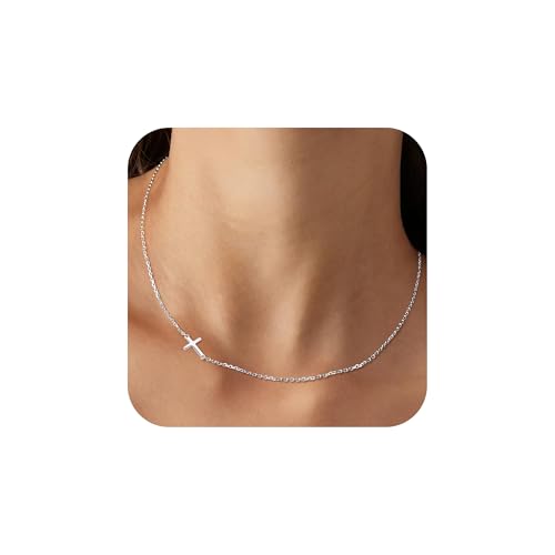 AllenCOCO Sideways Cross Necklace for Women Sterling Silver Dainty Small Cross Choker Simple Trendy Cute Cross Chain Easter Baptism Religious Faith Jewelry Gift