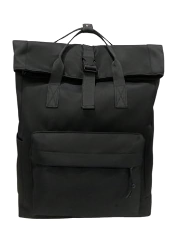 Image of Glowic Stylish Black Roll-Top Backpack for Men & Women | Lightweight, Water-Resistant, Spacious with Front Zipper Pocket | Ideal for Daily Use (WBAG-117)