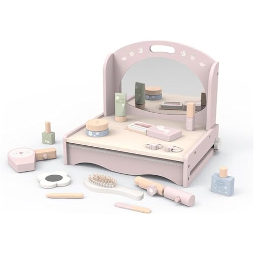 「NexPon」子供用ドレッサー玩具 小さな女の子向けの木製化粧台おもちゃ、ピンク、ロールプレイ 木材、アクセサリー付き、ごっこ遊び、幼児用メイクアップキット、卓上ドレッサー、3〜4歳、5〜6歳のお子様向け 女の子メイクゲームセット