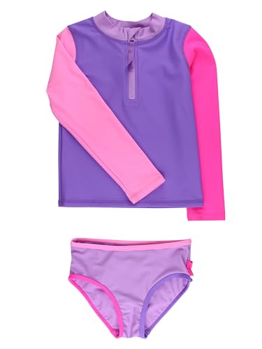 Image of RuffleButts Baby /Toddler Girls Long Sleeve Rash Guard 2 Piece Swimsuit Set w /UPF 50+ Sun Protection with Zipper