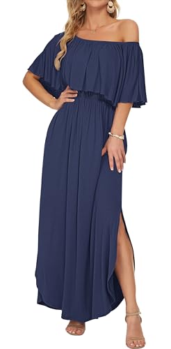 Image of AUSELILY Womens Off Shoulder Ruffle Split Summer Maxi Dresses with Pockets | Off-shoulder Ruffle dress with empire waist & side split for summer beach and casual parties