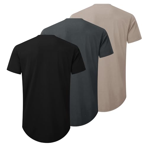 Mens 3 Pack Plain Cotton Shirts Short Sleeve Casual Crew Neck T-Shirts Hipster Hip Hop Longline Tees Drop Cut Curved Hem2