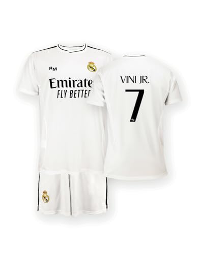 Real Madrid - Conjunto Camiseta y Pantalón Primera Equipación Temporada 24/25, Vini Jr., Niños 12 Años, Replica con Licencia Oficial