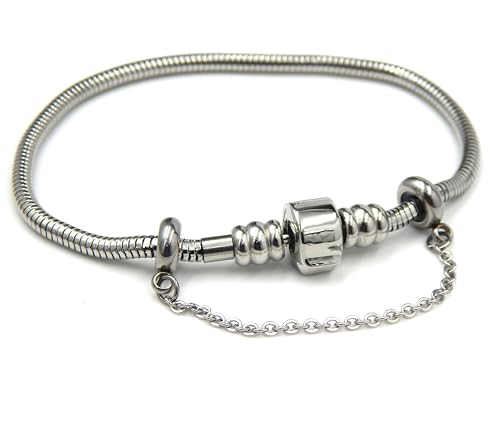 ICYROSE Stainless Steel Starter Charm Bracelet Barrel Snap Clasp + Safety Chain Fits European Style Beads