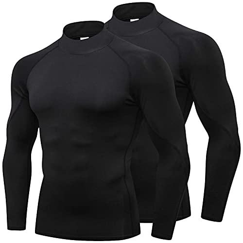 Mens 2 Pack Mock Turtleneck Compression Shirt Long Sleeve Sports Undershirt Athletic Baselayer Running T-Shirt
