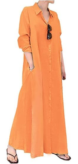 Image of Ladyful Women's Cotton Linen Maxi Shirt Dress Long Sleeve Button Down Shirtdress Beach Summer Dress Pockets