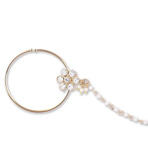 Image of Suhana Goldon Plated Traditional Ethnic Bridal Nose Ring /Nath without piercing with Pearl Chain Encased with Stone for Women /Girls (Nose Ring Diameter - 5)