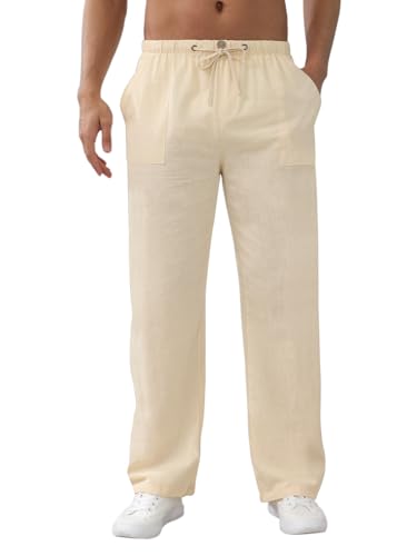 Aisprts Pantalon Lino Hombre Pantalones Holgados de Ocio Pantalones Ligeros de Verano para Hombre con Bolsillos, Cintura Elástica y Cordón, Beige, XXL