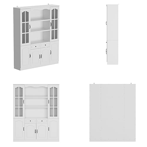 Homsee Tall Bookcase Bookshelf with Shelves, Drawers & 2 Carved Glass Doors, Wooden Display Storage Cabinet with 14 Compartments for Home Office, Living Room, White (63\" W x 15.7”D x 78.7”H)