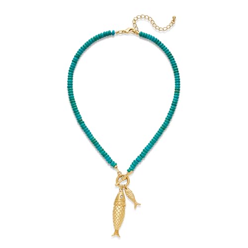 Gold Fish Necklace For Women Blued Beaded Strand Toggle Necklace With Gold Fish Pendants Dainty Summer Beach Turquoise Jewelry