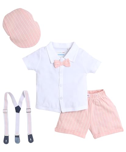 Image of BUMZEE boys Regular Fit Half Sleeves Collar Neck Cotton Shirt & Short Set With Bow Suspender & Cap