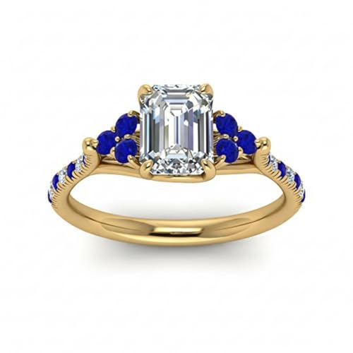 Image of Choose Your Gemstone Emerald Cut Petite Cathedral Diamond CZ Ring Yellow Gold Plated Emerald Shape Petite Engagement Rings for Women, Girls and Ladies US Size 4 to 12