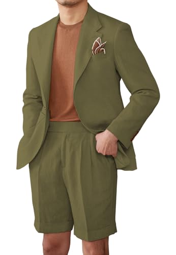2 Piece Linen Suits for Men Casual Tuxedo Summer Beach Wedding Suit Groomsmen Prom Blazer Jacket Shorts Set