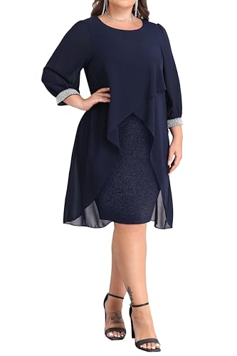 Image of Talisea Plus Size Cocktail Dress - Elegant Chiffon Cape 3 /4 Sleeves Glitter Evening Party Wedding Guest Dresses Women Formal
