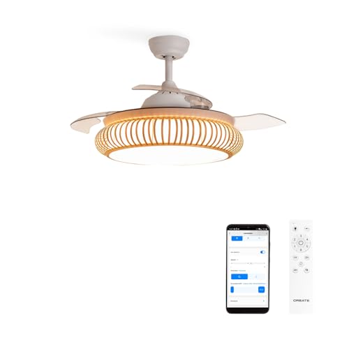 CREATE / WIND CLEAR/Ventilador de techo con luz blanco y mimbre óvalo con mando y Wifi / 40W, Ø108 cm, temporizador, 6 velocidades, aspas retráctiles, 3 temperaturas de luz, función verano-invierno.