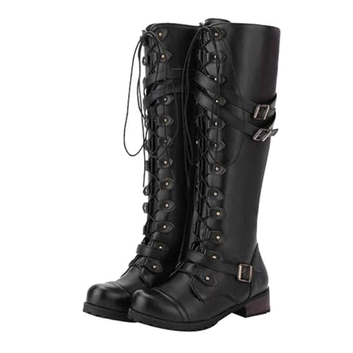ZDLJYL Women Knee High Boots Autumn & Winter Fashion Lace Up with Buckle Mid-Calf Knight Boot Vintage Round Toe Side Zipper Boots3