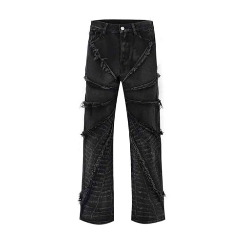 BXCNCKD Gothic Retro Damaged Spider Web Ragged Edge Jeans Men's Y2K High Street Loose Pants
