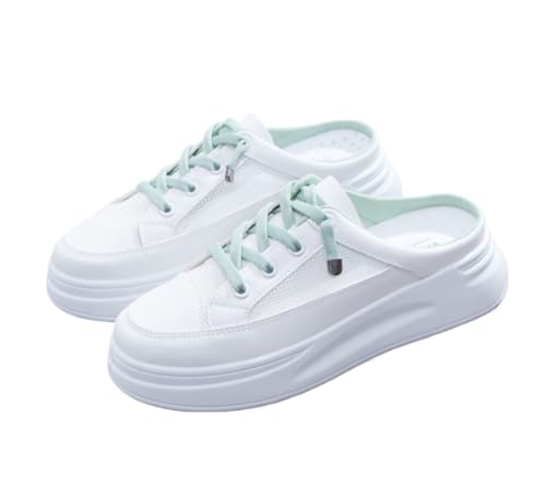 Backless Tennis Shoes for Women Mule Sneakers White Slip on Backless Sneakers Wide Platform Canvas Mules Non Slip Chunky Sole Lace Up Breathable Round Toe Lightweight Casual Flat Slides Indoor Outdoor