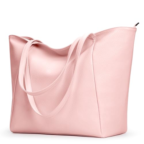 Bolsos grandes para mujer, con asa superior, de piel sintética, con cremallera, para el trabajo, compras, escuela, viajes, Pink, Large