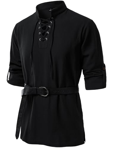 JEMITOP Mens Pure Cotton Renaissance Pirate Medieval Retro Long Sleeve Lace Up Shirt for Viking Halloween Mandarin Collar Costume Without Belt Black L