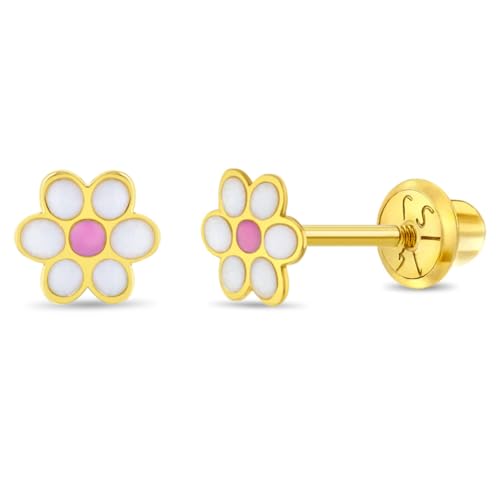 14k Yellow Gold Toddler & Young Girl's 5mm Small Enamel Daisy Flower Screw Back Earrings - Cute Flower Screw Backs for Babies & Little girls