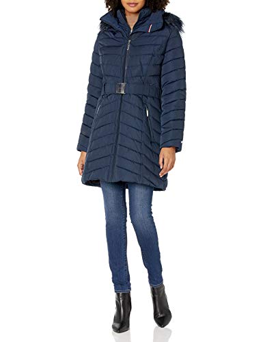 Tommy Hilfiger Women's Belted Faux Fur Trimmed Hooded Puffer, Navy, Medium