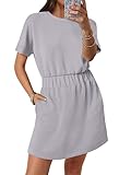 ANRABESS Womens Dresses 2025 Summer Casual Short Sleeve Crew Neck Elastic Waist Mini T Shirt Dress with Pockets Light Grey Large