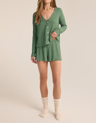 Dressmine Womens Long Sleeve Pajama Sets Button Up Pajamas Sleeping Shorts 2 Piece Lounge Set Knit Sexy Sleepwear