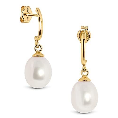 Boucles d'oreilles or jaune 14 ct et perles blanches 8 mm de haute qualité